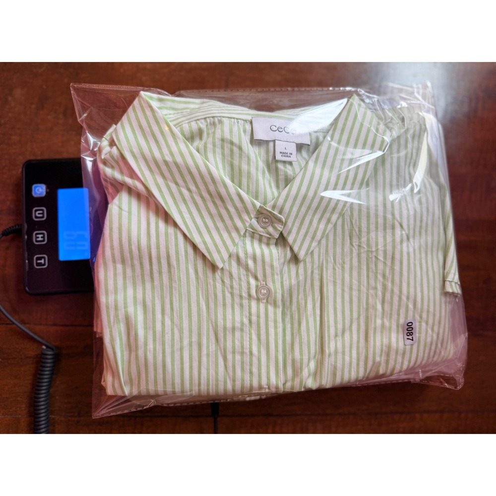 CeCe Womens Green White Striped Smocked Back Cotton Button Up Shirt Large - Picture 9 of 9